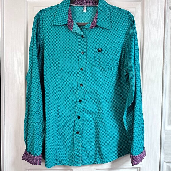 Men's XL Cinch Turquoise Geometric Pattern Contrast Flip Cuff Button-down Shirt - Picture 10 of 10